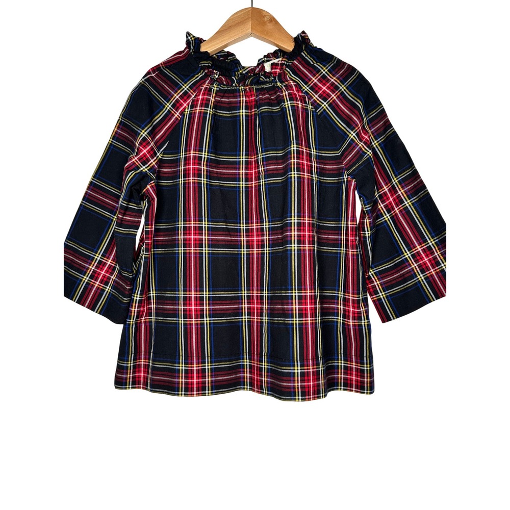 Crewcuts Plaid Ruffle Neck Top 6-7 Black Tartan Button Back Christmas Holiday